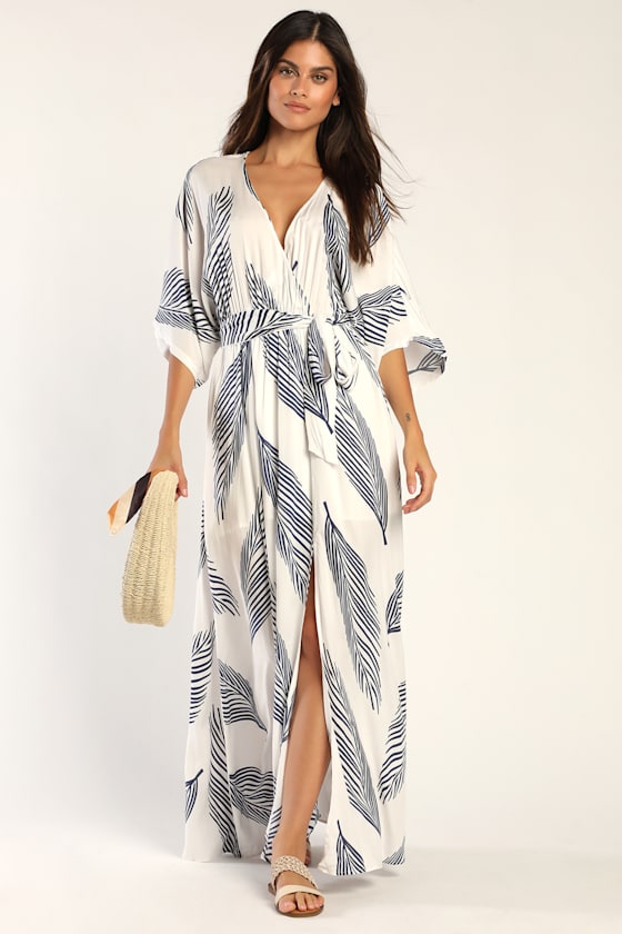 Sign of the Times White and Navy Blue Leaf Print Maxi Dress 6