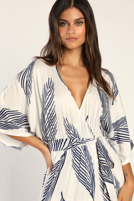 Sign of the Times White and Navy Blue Leaf Print Maxi Dress 7