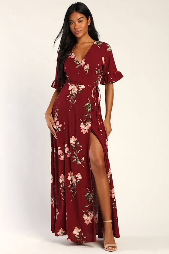 September Sunsets Burgundy Floral Print Wrap Maxi Dress 6