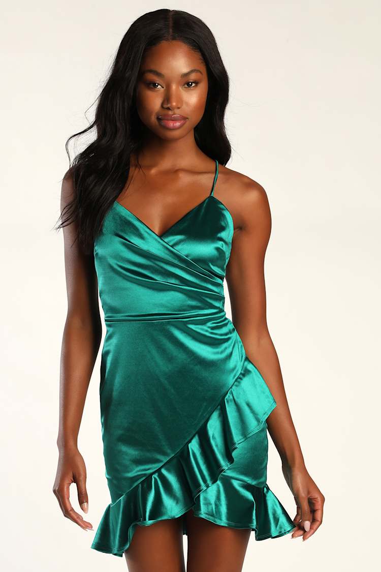 slim fit dress slacks Final Sale Plus Size Shiny Bodycon Dress with Side Ruffle and Front Slit in Green main image 0