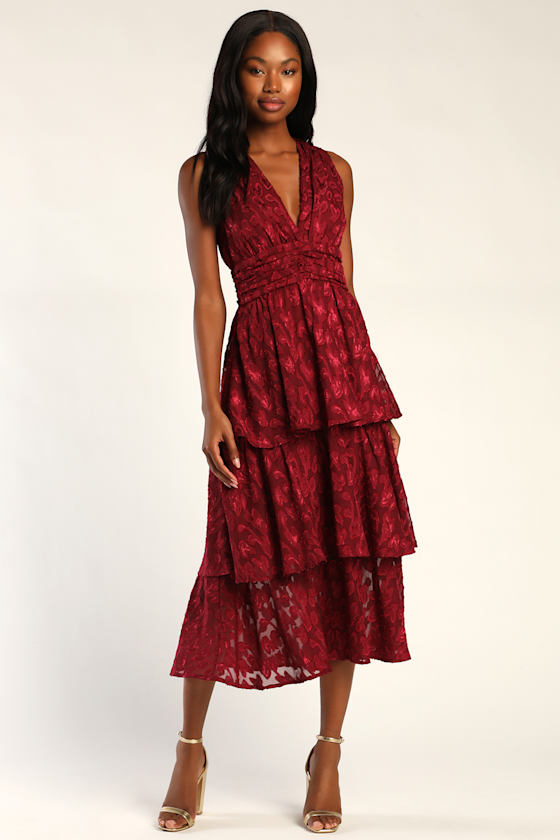 Make It Mesmerizing Wine Red Jacquard Tiered Midi Dress 2