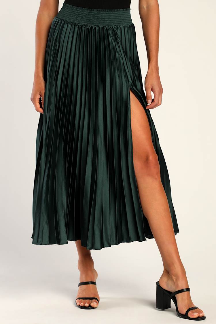 Sophisticated Vision Emerald Green Satin Pleated Midi Skirt