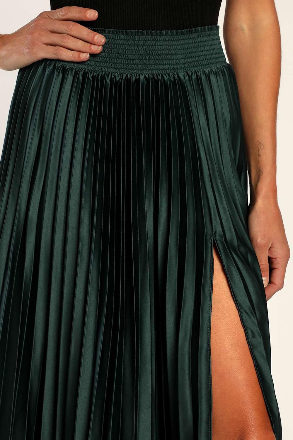 Sophisticated Vision Emerald Green Satin Pleated Midi Skirt