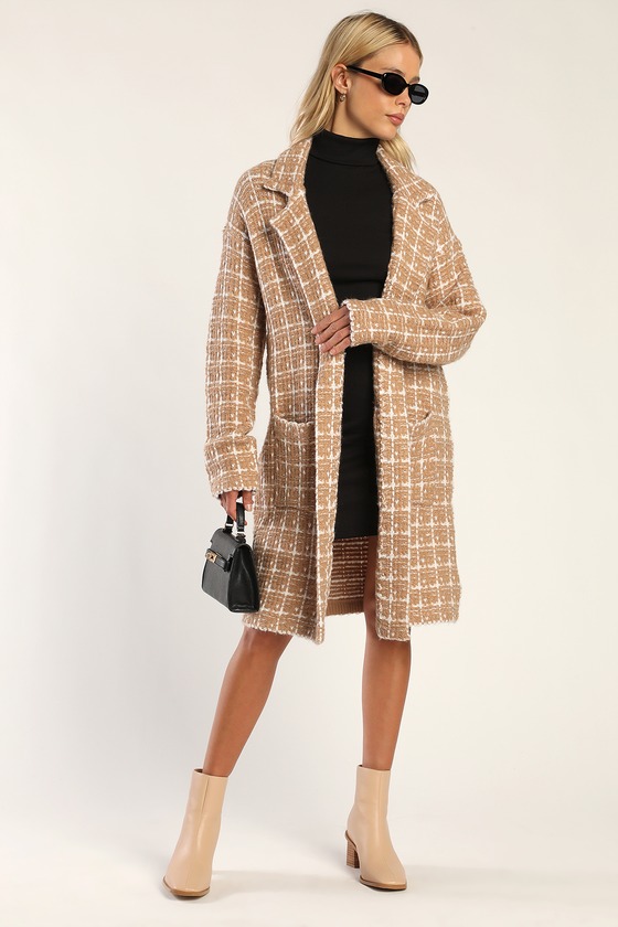 Lulus Cozy Conditions Tan And White Knit Plaid Coatigan