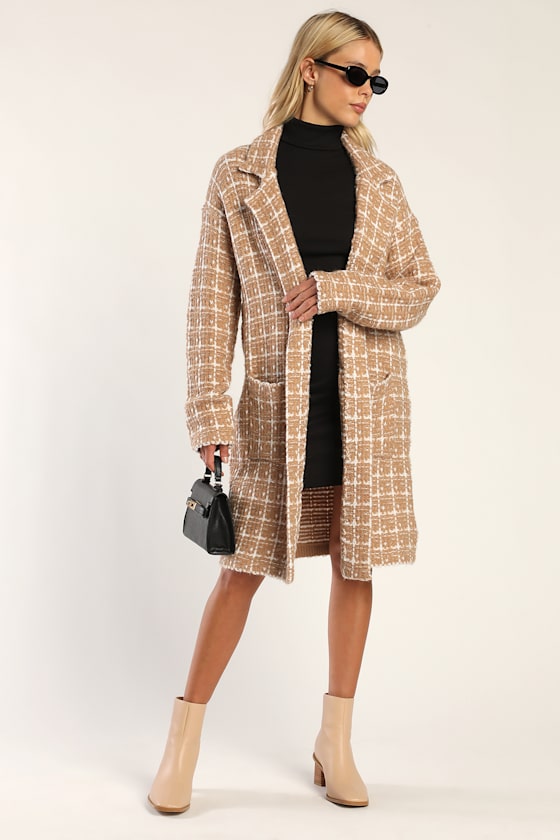 Cozy Conditions Tan and White Knit Plaid Coatigan 2