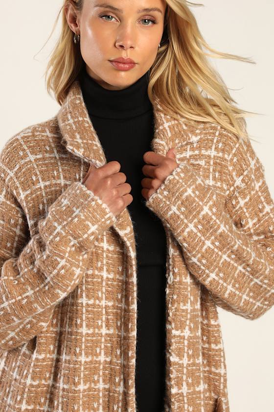 Cozy Conditions Tan and White Knit Plaid Coatigan 4