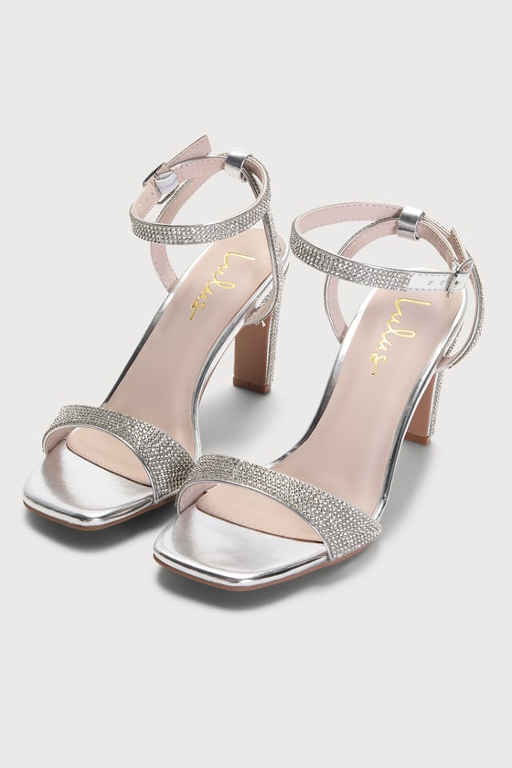 Lulus Kaylena Silver Rhinestone Ankle Strap High Heel Sandal Heels