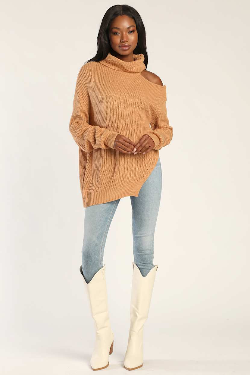 Tan Sweater - Cutout Sweater - Turtleneck Sweater - Pullover - Lulus