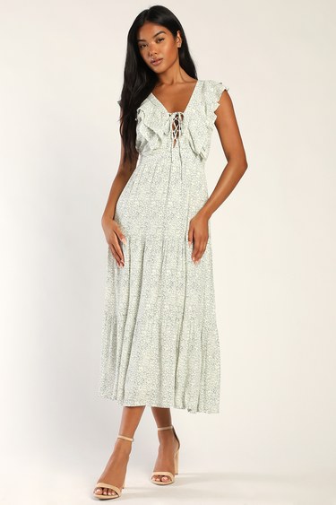 Romance in Bloom Cream Floral Print Ruffled Tiered Midi Dress