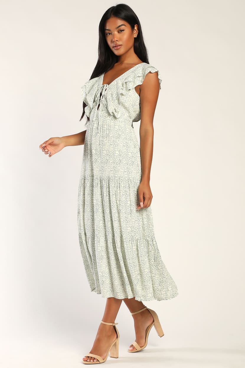Cream Floral Print Dress - Ruffled Midi Dress Tiered Dress -