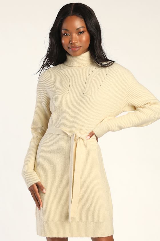 Cream Knit Dress - Mini Sweater Dress 