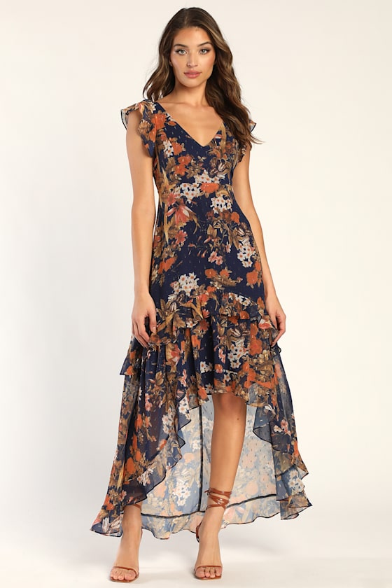 Stunning Favorite Navy Blue Floral Ruffled High-Low Maxi Dress 3