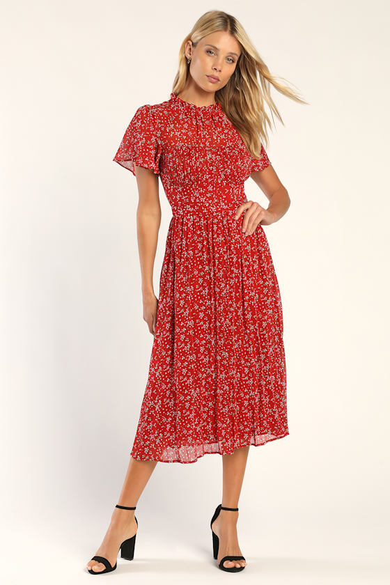 red floral flutter sleeve midi dress Red Floral Midi Dress - Flutter Sleeve Dress - Pleated Midi Dress