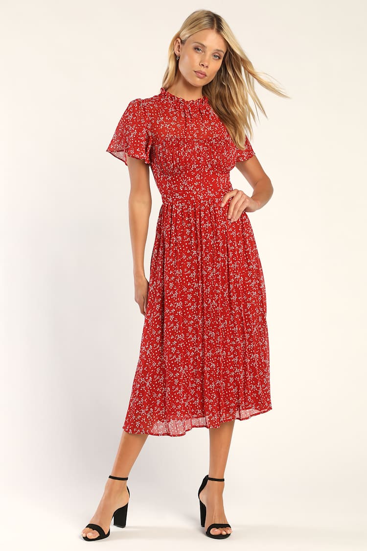 Red Floral Midi Dress - Flutter Sleeve Dress - Pleated Midi Dress - Lulus