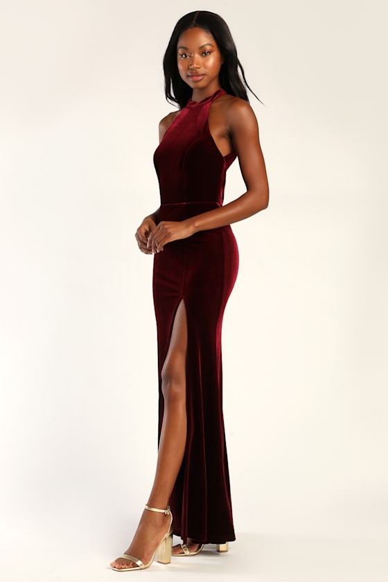 Make It Classy Burgundy Velvet Halter Mermaid Maxi Dress 4