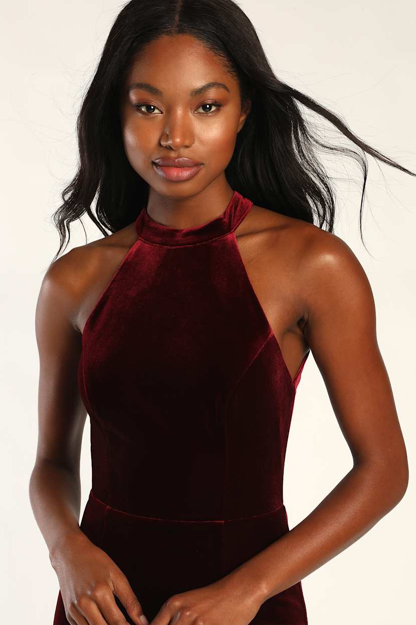 burgundy high neck velvet dress Red Bodycon Dress main image 1