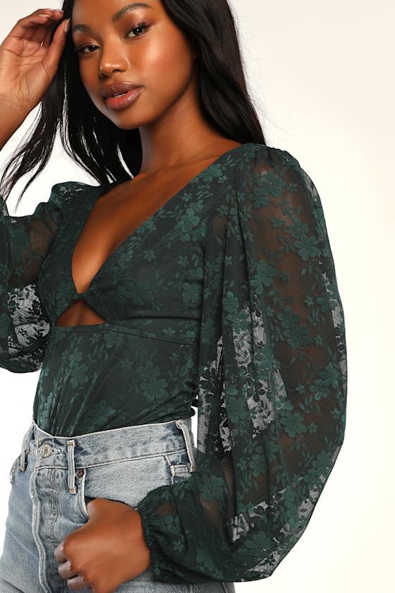 Precious Cutie Hunter Green Lace Cutout Long Sleeve Bodysuit 6