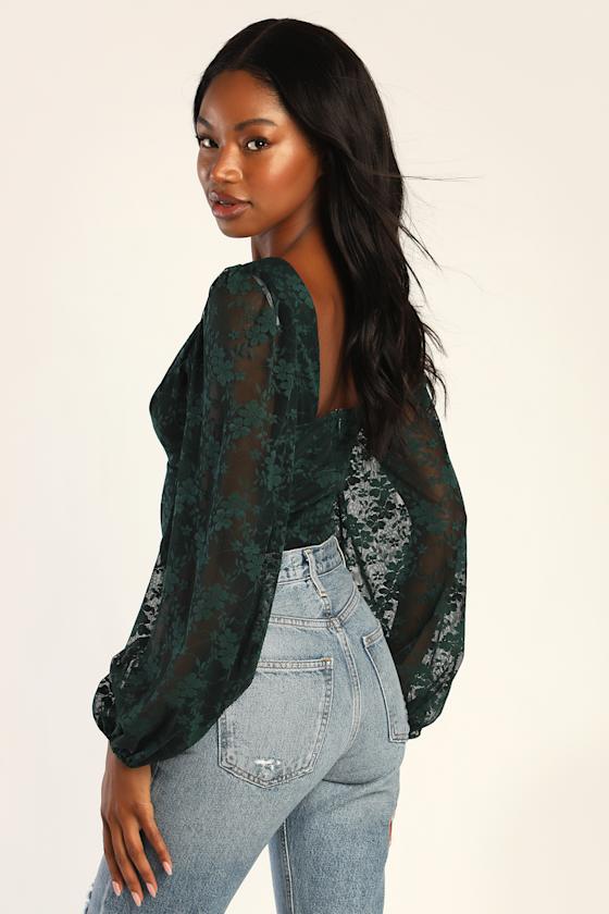 Precious Cutie Hunter Green Lace Cutout Long Sleeve Bodysuit 3