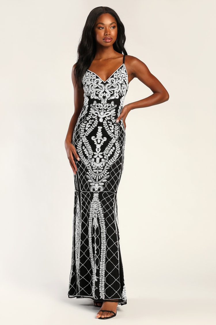 Black and White Dress - Beaded Trumpet Dress - Sequin Maxi Dress - Lulus
