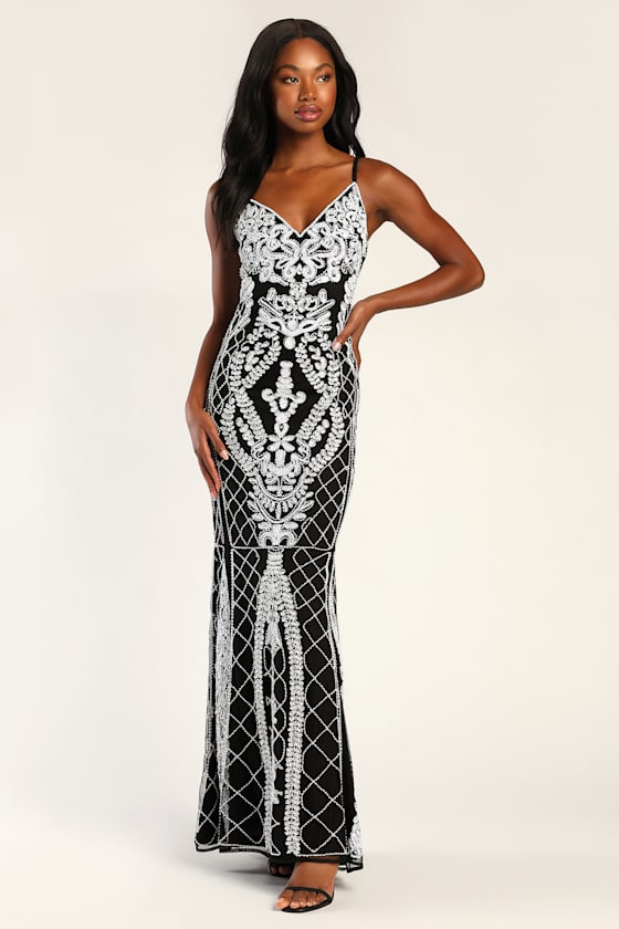 Extravagant Aura Black and White Beaded Sequin Maxi Dress 1