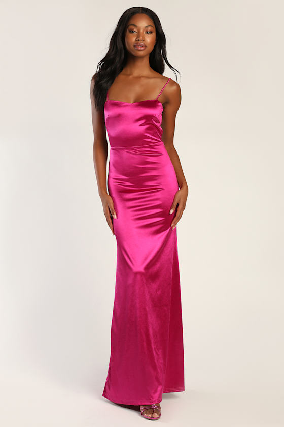 Off Shoulder Backless Satin Dress With Slit Fuchsia main image 0