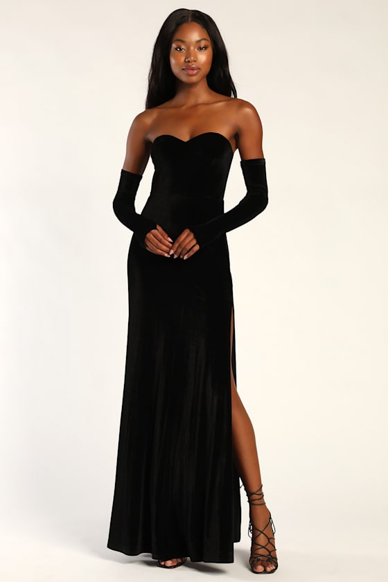 Elegant Class Black Velvet Strapless Maxi Dress & Gloves 1