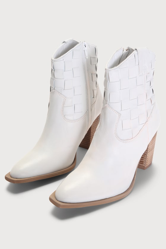Dawn II White Leather Pointed Toe Woven Western Booties
