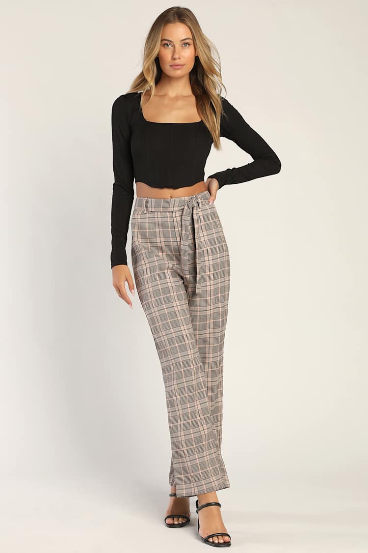 Womens Trousers Red Tartan Paper Bag Trousers Plaid Pants With Tie