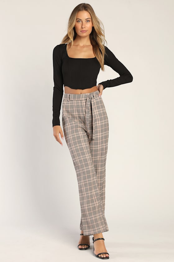 Making a Statement Pink Multi Plaid Tie-Front Trouser Pants 1