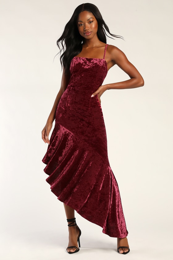 Lulus Crush On Me Wine Red Crushed Velvet Asymmetrical Maxi Dress