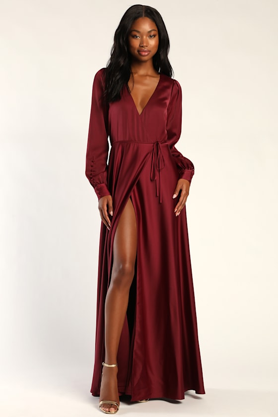 Eternal Amore Burgundy Long Sleeve Button Cuff Wrap Maxi Dress 1
