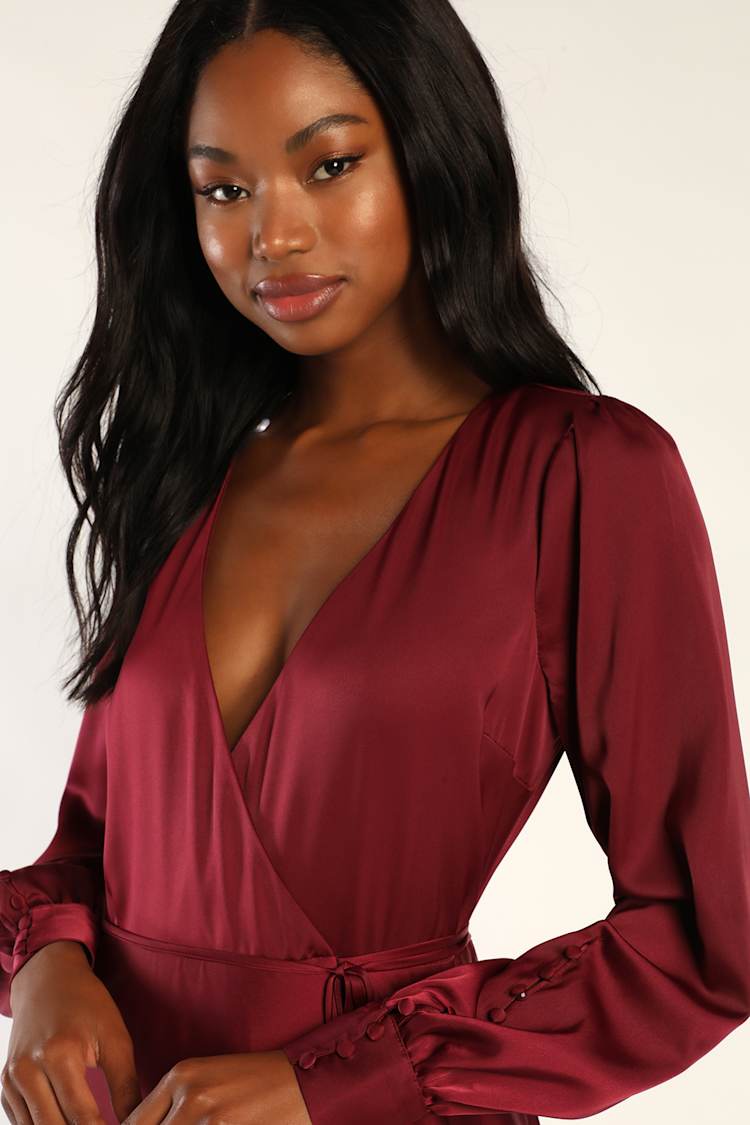Burgundy Long Sleeve Dress - Satin Wrap Dress - Button Cuff Dress - Lulus