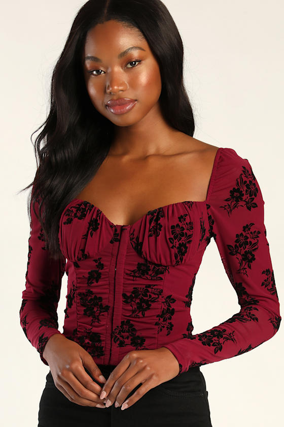 Attract the Attention Wine Red Mesh Velvet Burnout Bustier Top 4