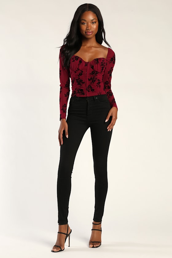 Attract the Attention Wine Red Mesh Velvet Burnout Bustier Top 1