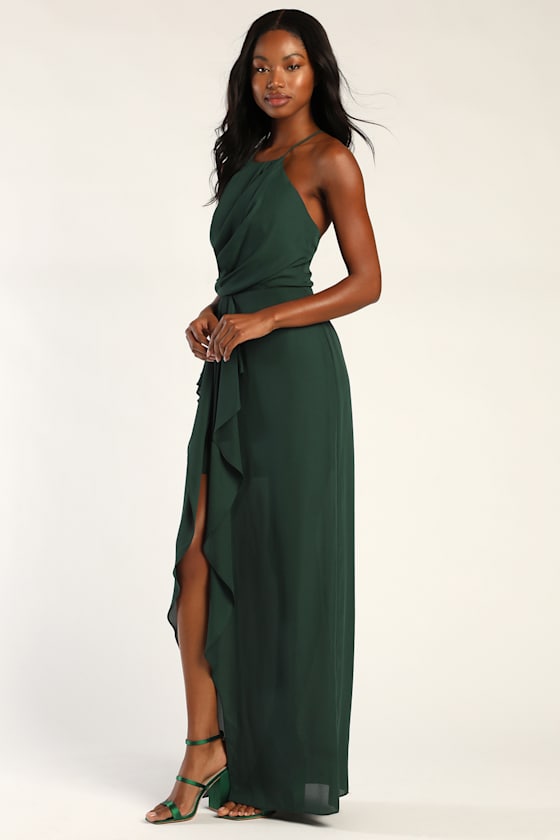 Ode To Elegance Dark Green Ruffled Maxi Dress 1