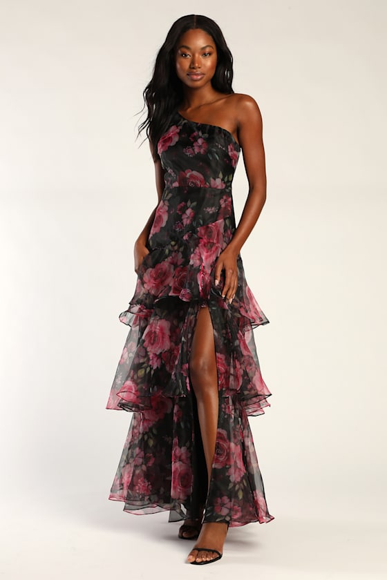 Regal Florals Black Floral Print Organza Tiered Maxi Dress 2