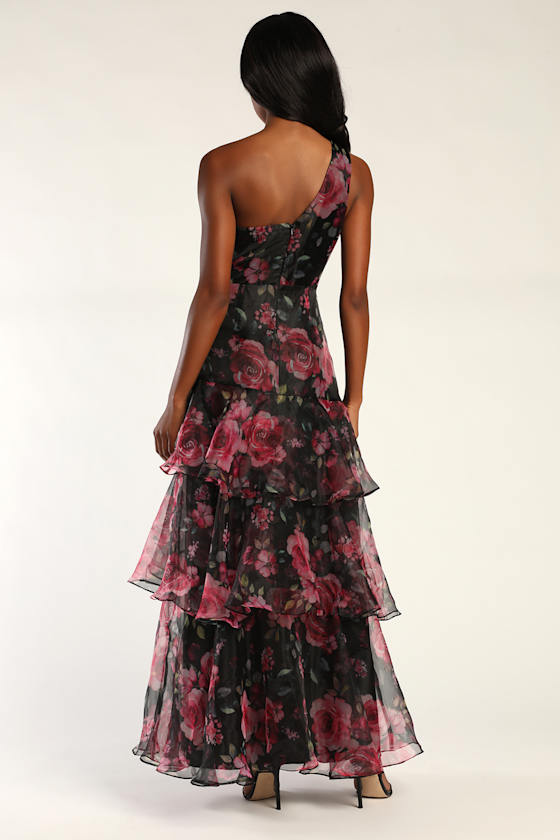 Black Floral Dress - Tiered Maxi Dress - One-Shoulder Dress - Lulus
