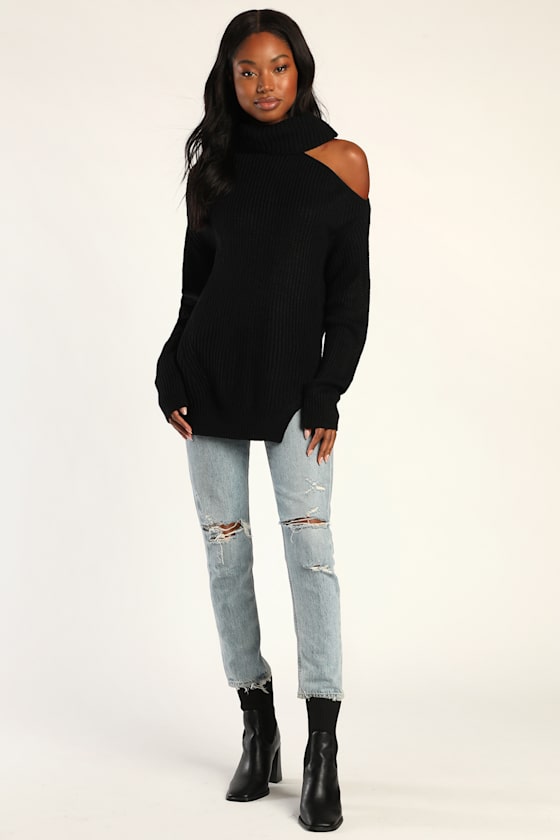 Bring the Warmth Black Knit Cutout Turtleneck Sweater 1