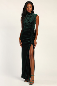 Alluring Image Emerald Ruched Velvet Mock Neck Maxi Dress 1