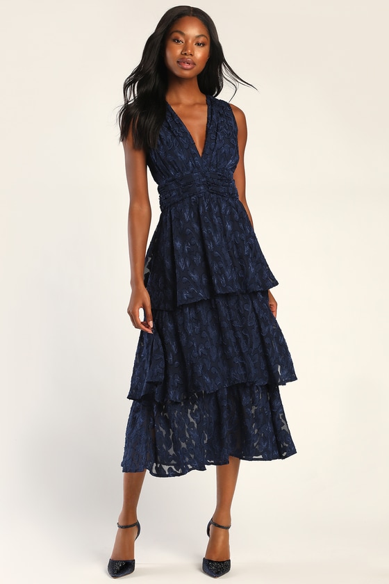 Navy Blue Midi Dress - Tiered Midi Dress - Jacquard Dress - Lulus