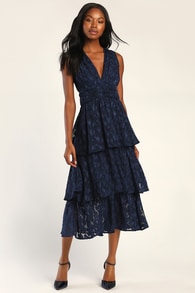 Make It Mesmerizing Navy Blue Jacquard Tiered Midi Dress