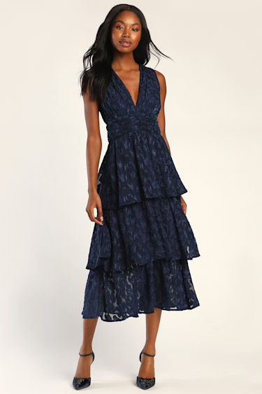 navy blue midi dress Prima Jersey / Regular / XS Fabric has no stretch Satin A Line Midi Dress