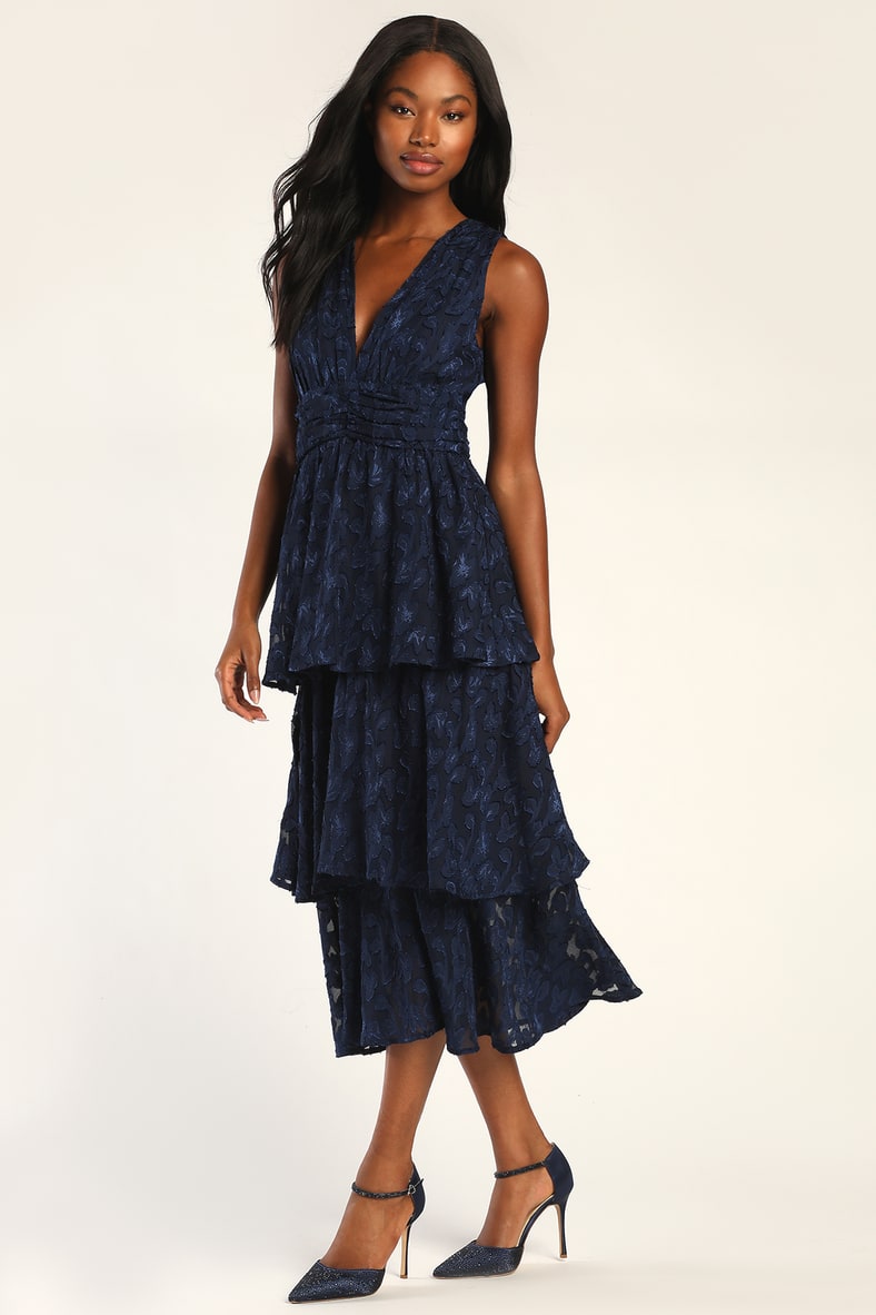 Make It Mesmerizing Navy Blue Jacquard Tiered Midi Dress