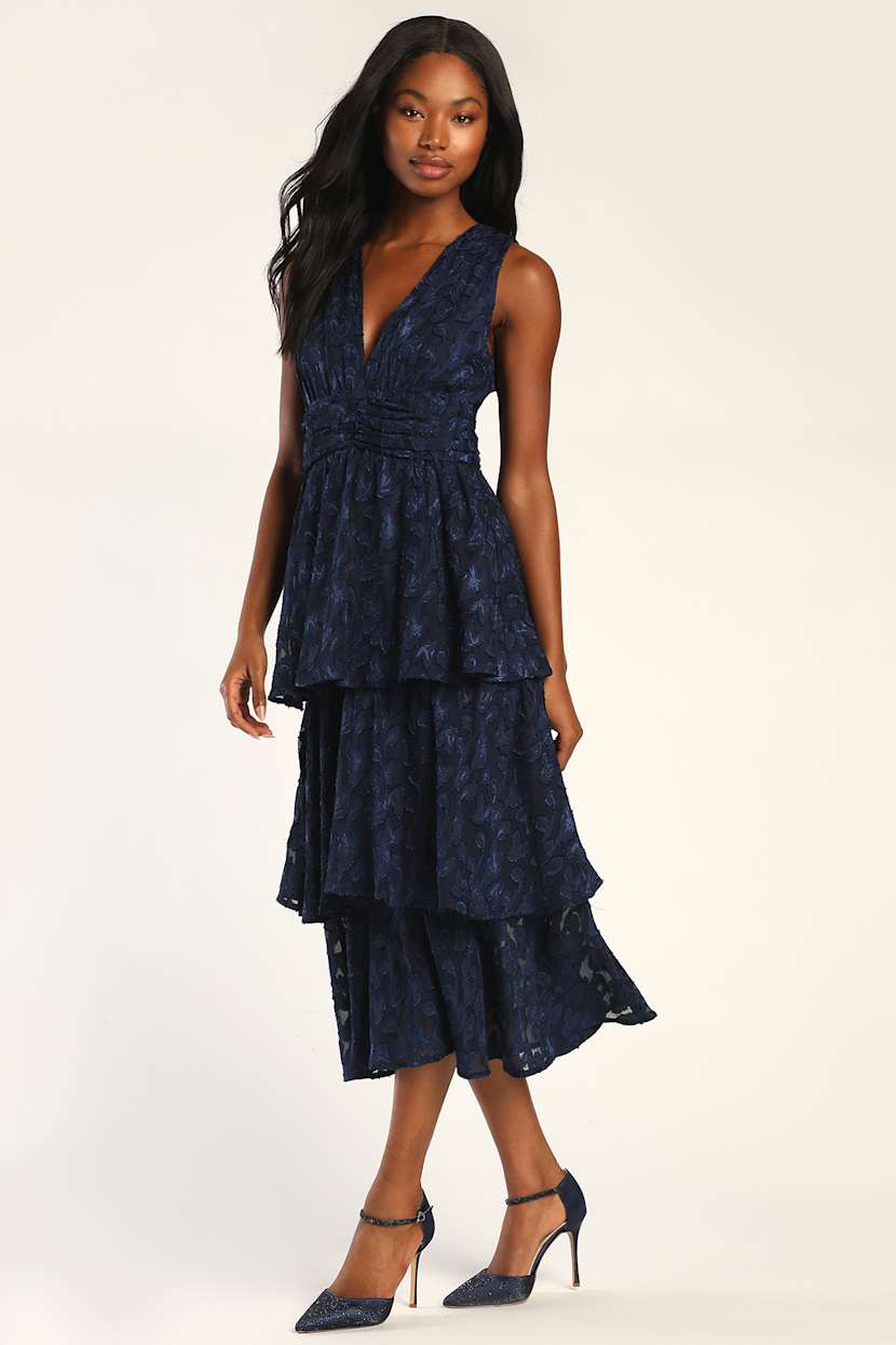 Make It Mesmerizing Navy Blue Jacquard Tiered Midi Dress