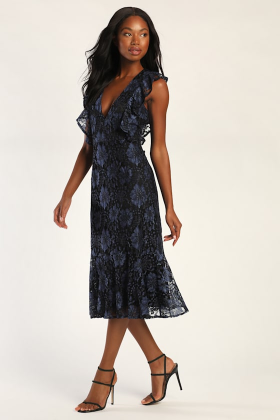 Black and Navy Dress - Lace Midi Dress - Floral Lace Dress - Lulus