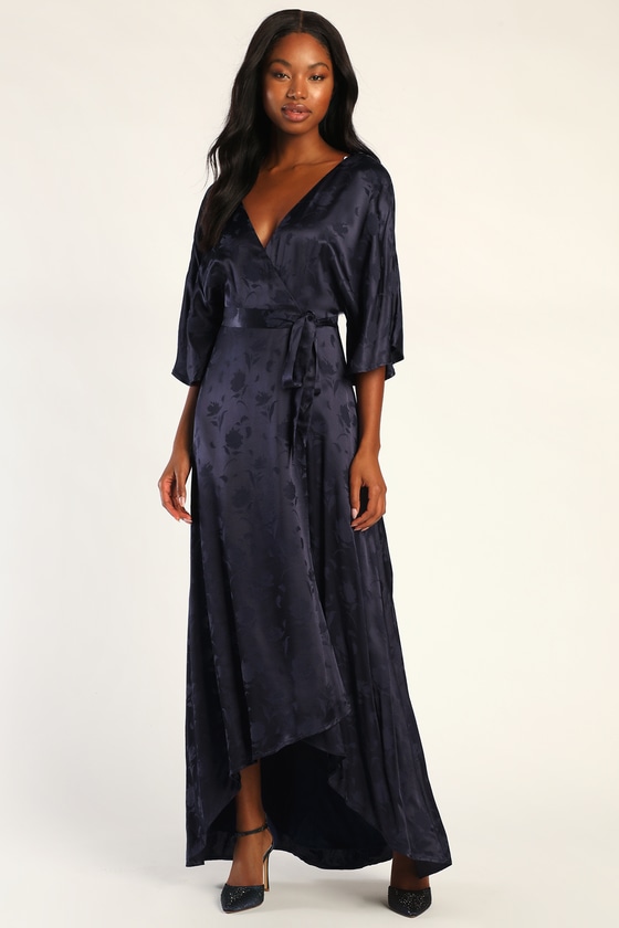 Lulus Compelling Elegance Navy Blue Satin Jacquard Maxi Dress