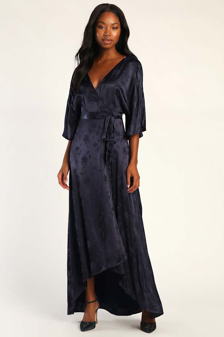Navy Blue Maxi Dress - Floral Satin Dress - Short Sleeve Dress - Lulus