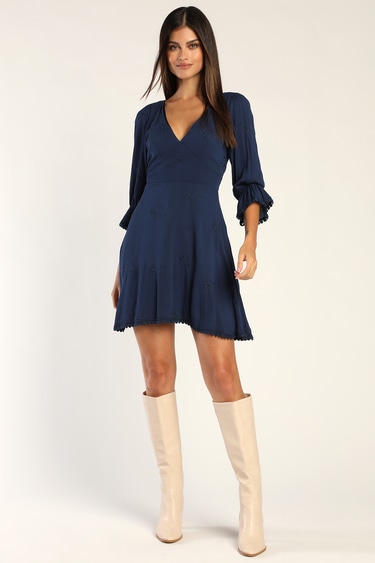 In the Meadow Navy Blue Embroidered Backless Mini Dress