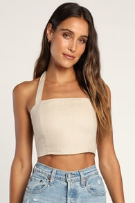 Double Digits Beige Linen Halter Crop Top