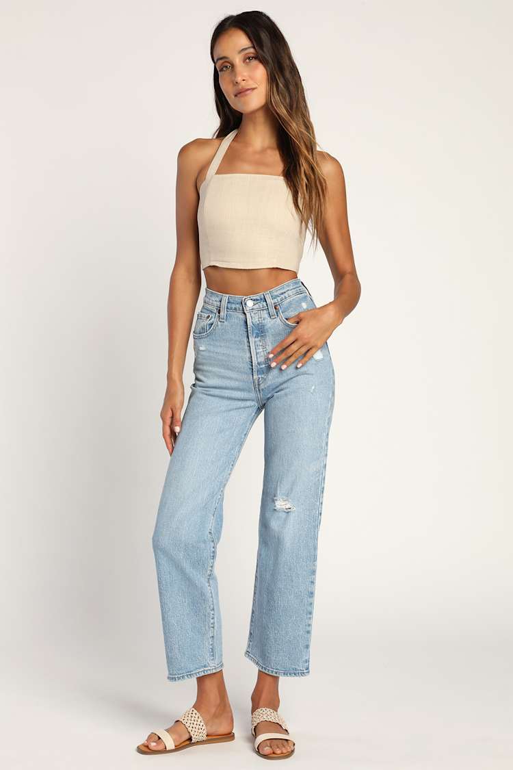 Double Digits Beige Linen Halter Crop Top